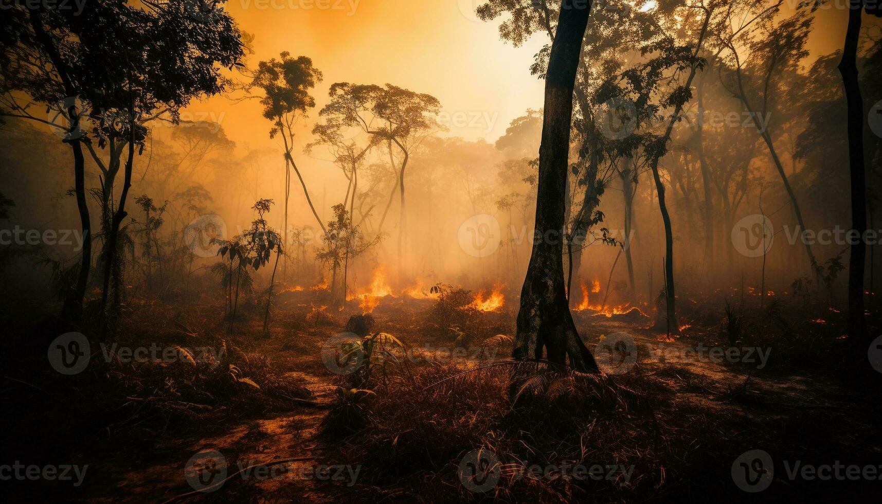 Burning forest with smoke mystery generated by AI photo