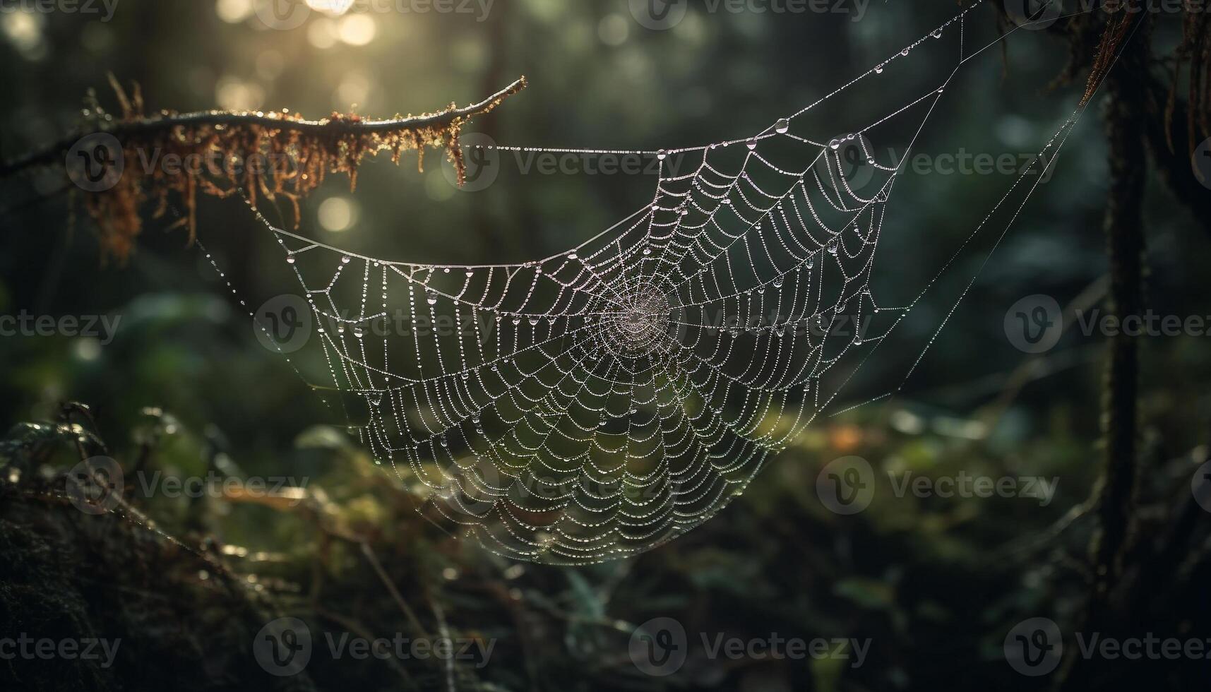 Spider web glistens with dew in autumn forest generated by AI photo