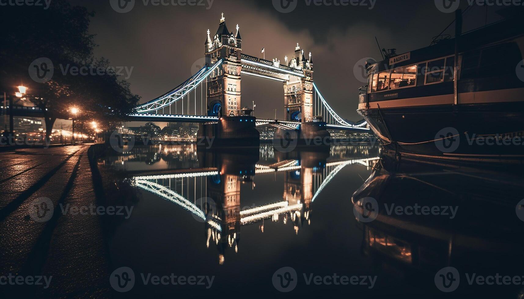 Illuminated bridge reflects city skyline on water generated by AI photo