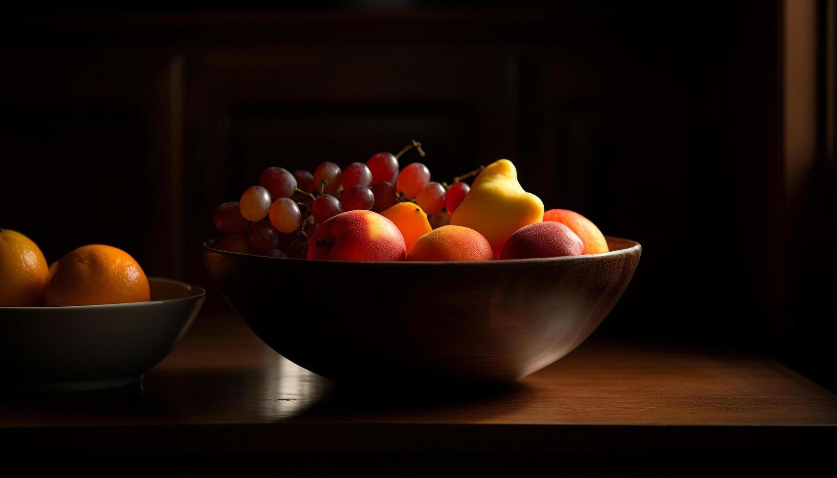 Fresh organic fruit bowl on rustic wooden table generated by AI photo