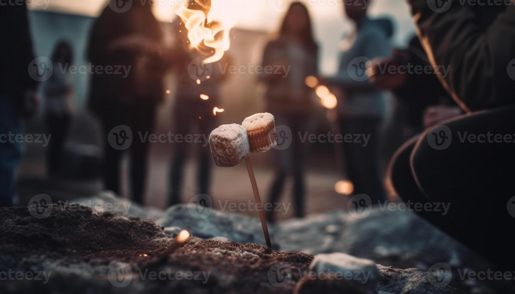 Young adults holding marshmallows enjoy campfire fun generated by AI photo