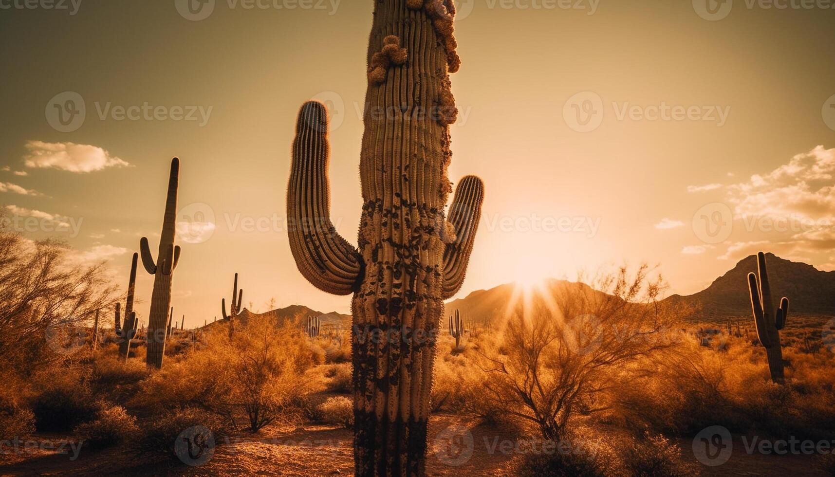 Silhouette of saguaro cactus at sunset, tranquil generated by AI photo