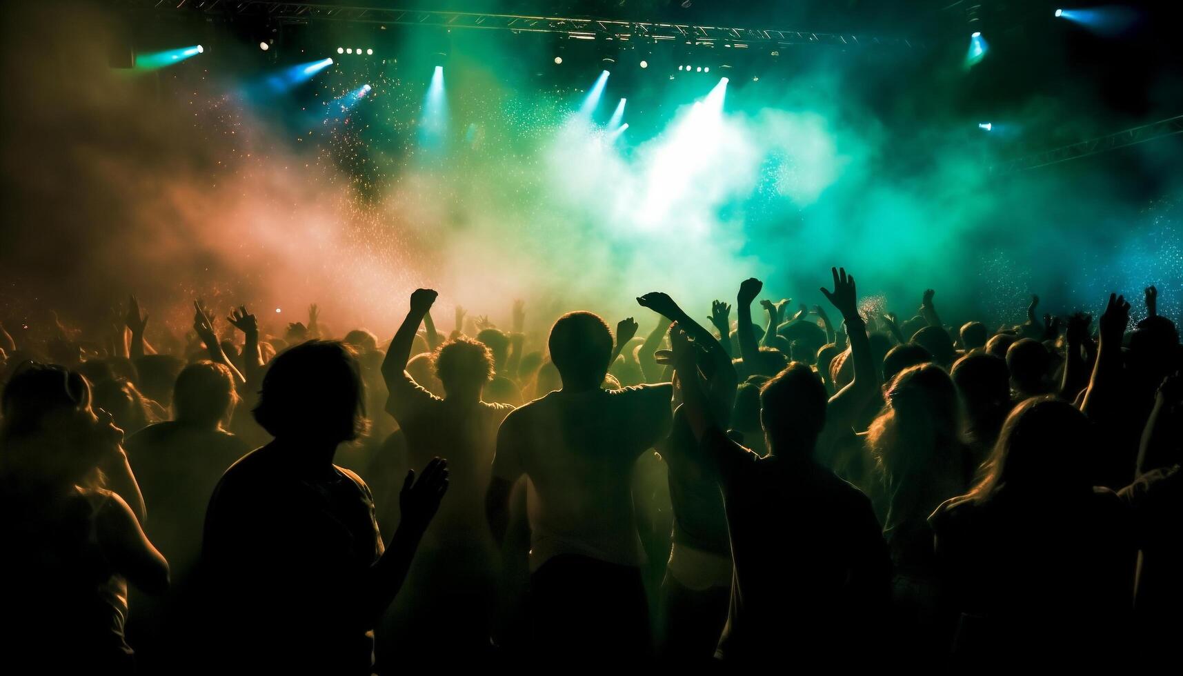 Rock concert stage lit, crowd cheering performer generated by AI photo