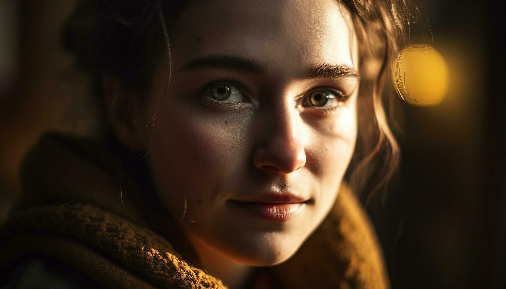 Young woman with brown hair smiling outdoors generated by AI photo