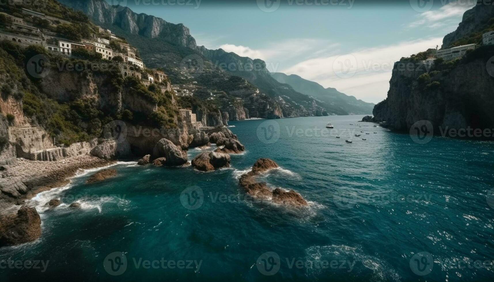 Rocky coastline meets nautical adventure in Amalfi generated by AI photo