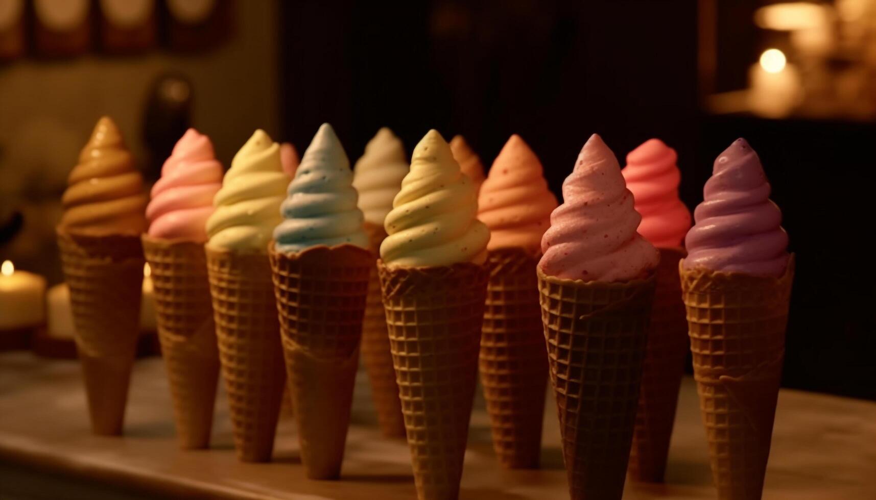 Indulgent ice cream cones in a row generated by AI photo