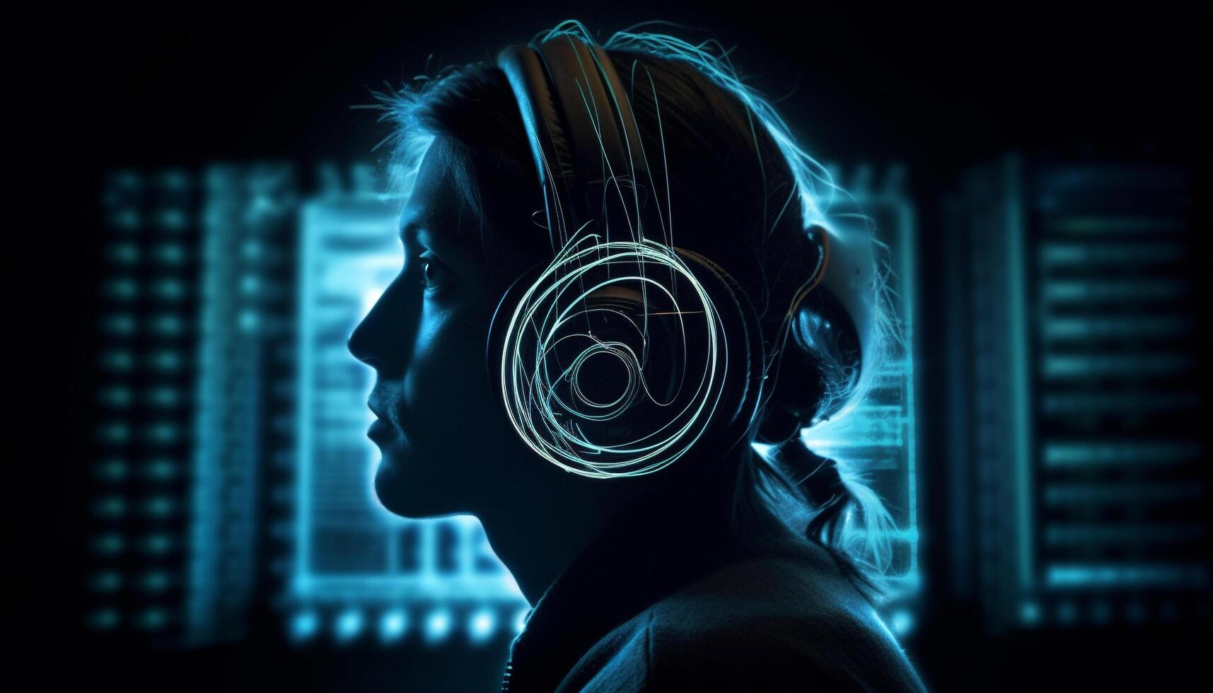 Young adult listening to futuristic glowing headphones generated by AI photo