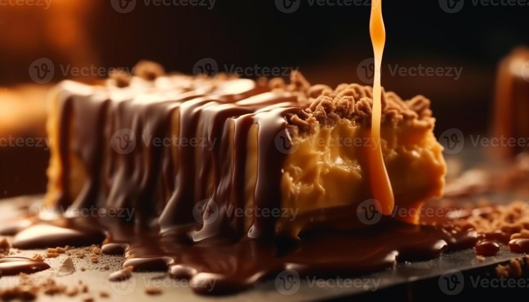 Melting dark chocolate fudge on rustic table generated by AI photo