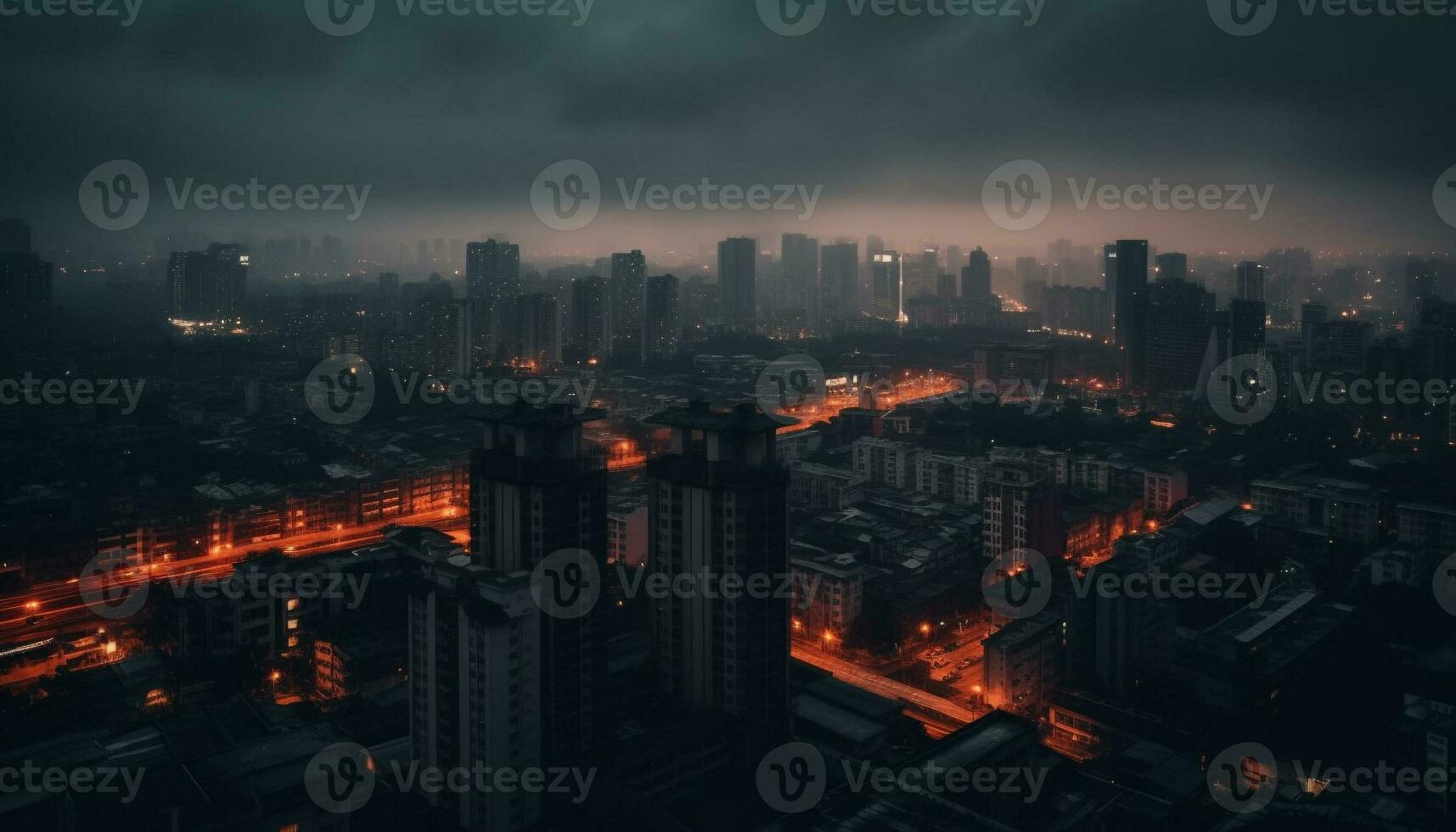 Glowing city skyline at dusk, traffic flows generated by AI photo