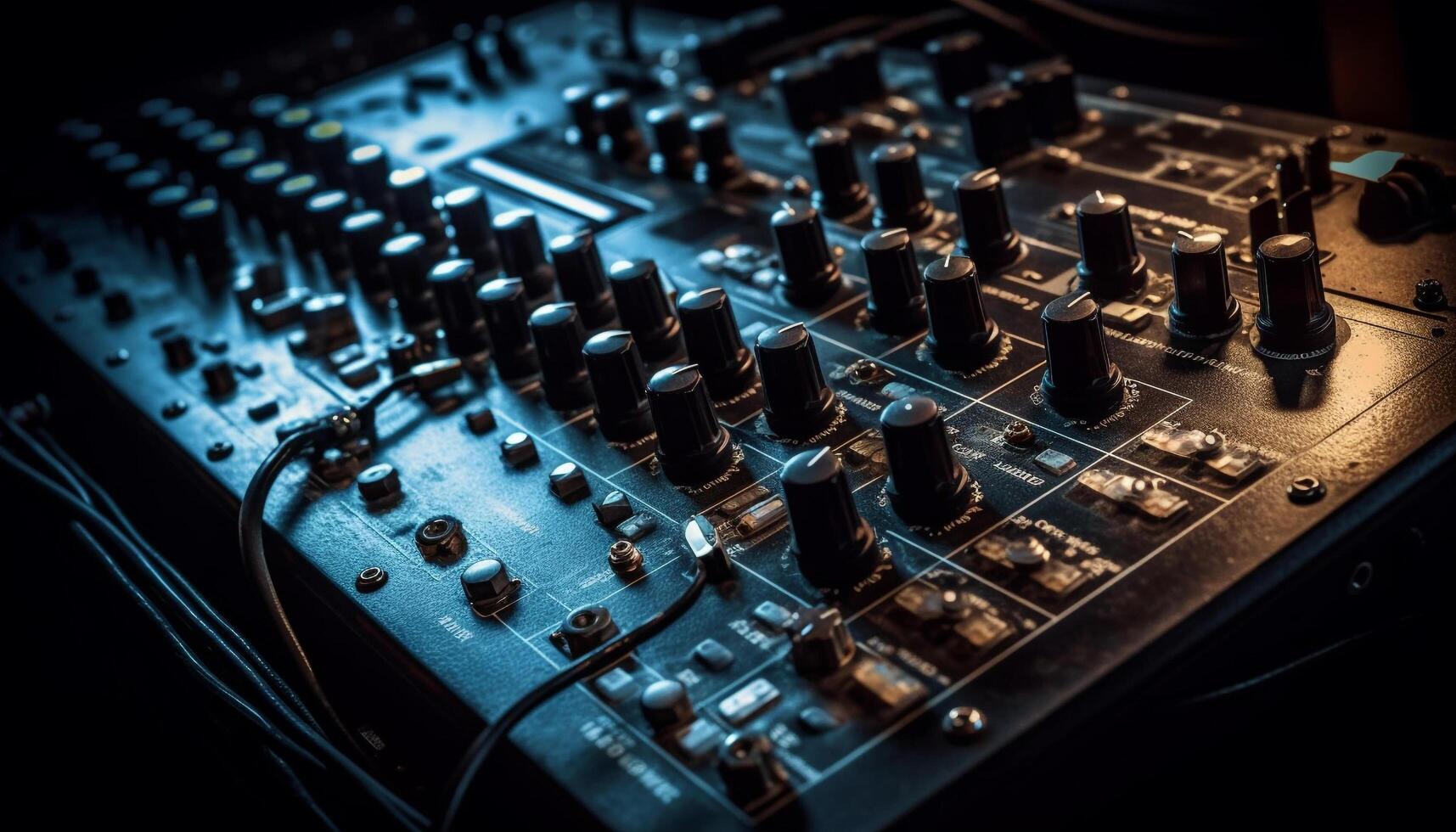 Sound engineer slides knob on mixer at nightclub generated by AI photo