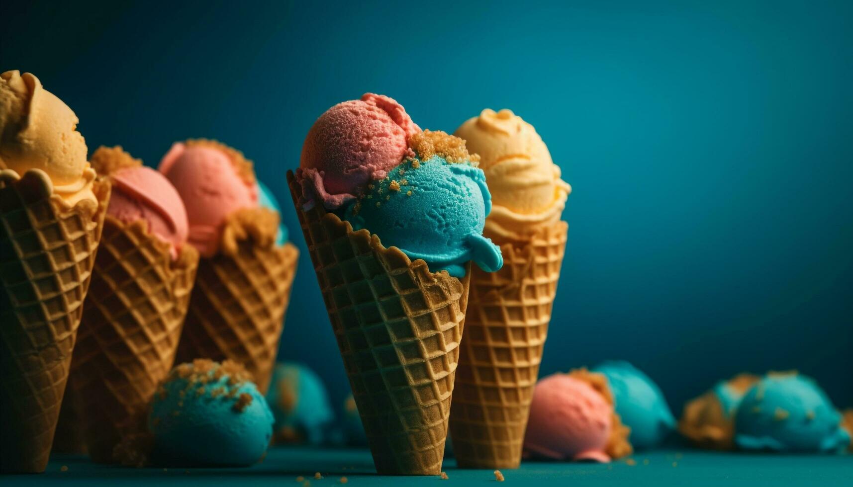 Gourmet ice cream cones with toppings generated by AI photo