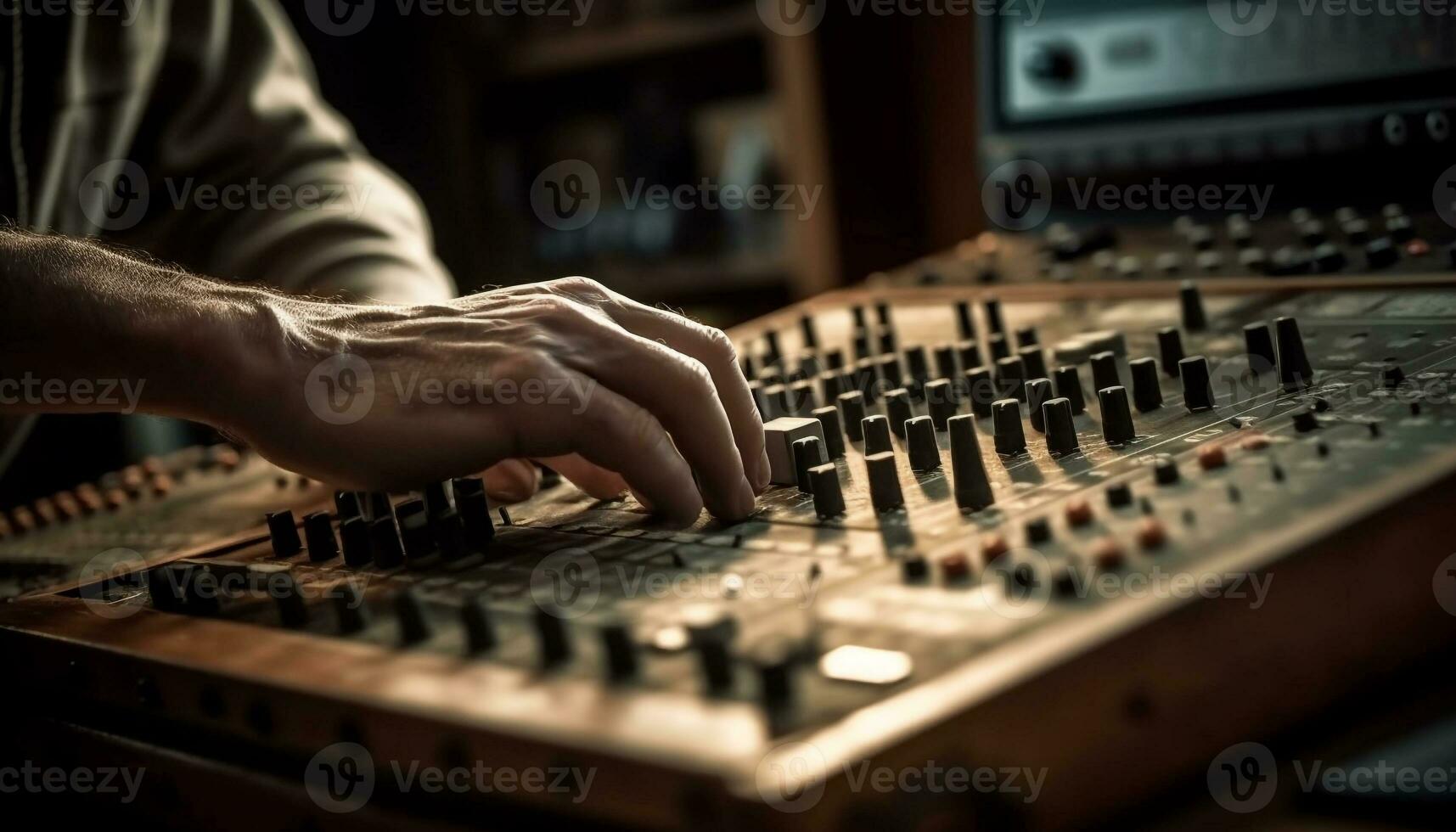 Hand adjusting sound mixer knob in recording studio generated by AI photo