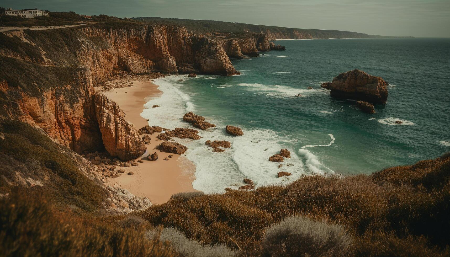 Majestic coastline, eroded stone, tranquil waters edge generated by AI photo