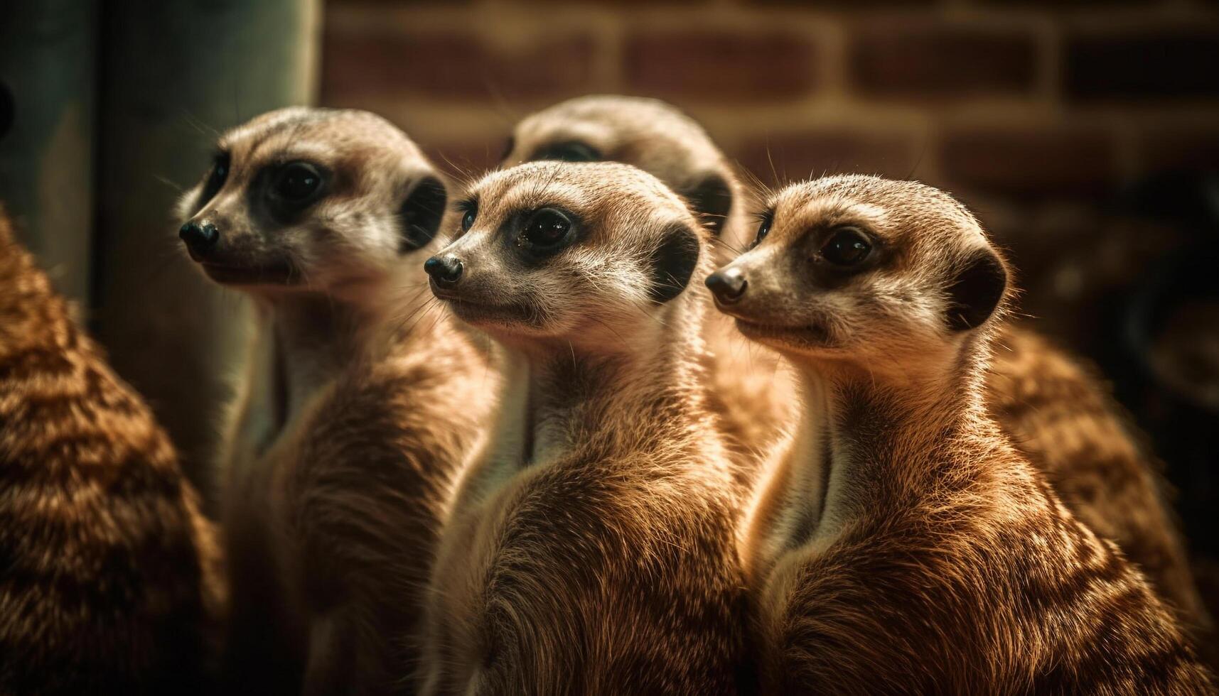 Small cute meerkats standing in a row outdoors generated by AI photo