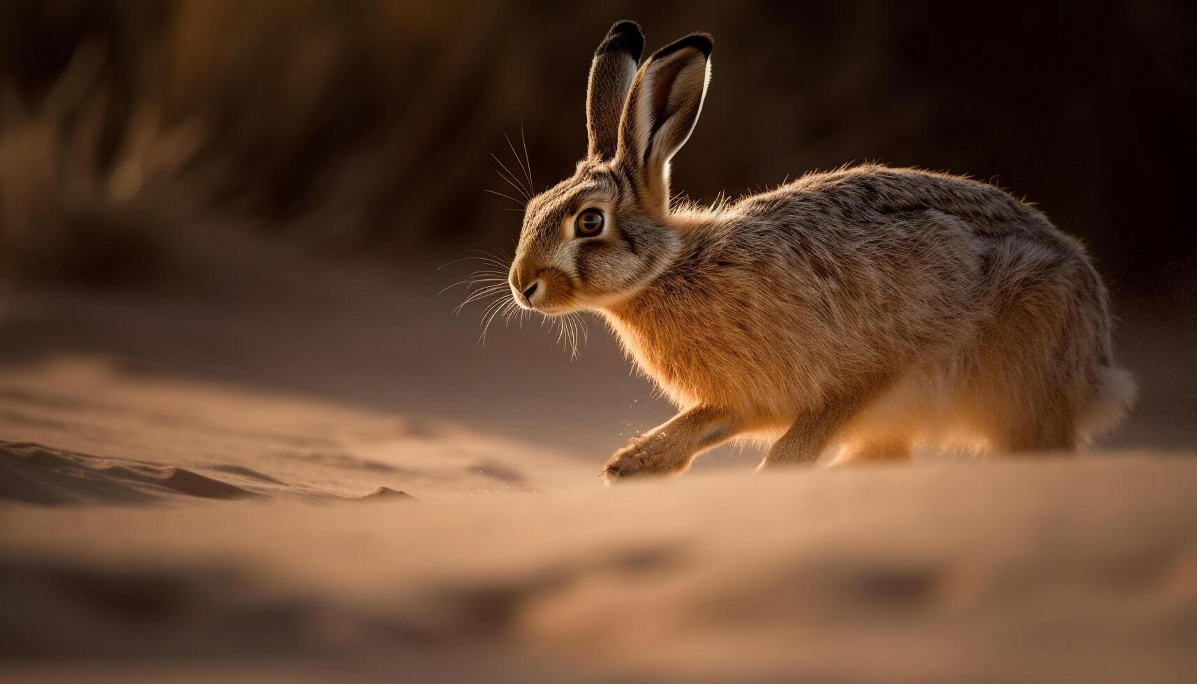 Fluffy hare sitting in grass, alert and cute generated by AI photo