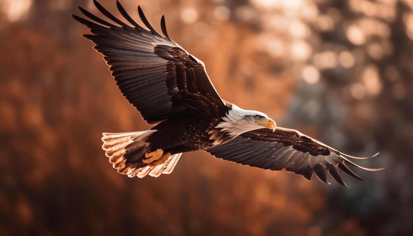 Spread wings, majestic bald eagle takes flight generated by AI photo