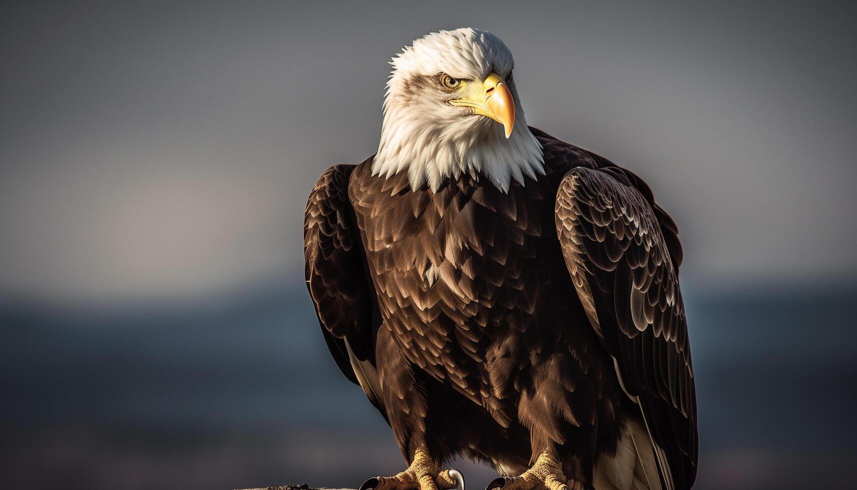 majestuoso calvo águila encaramado en rama, mirando generado por ai foto