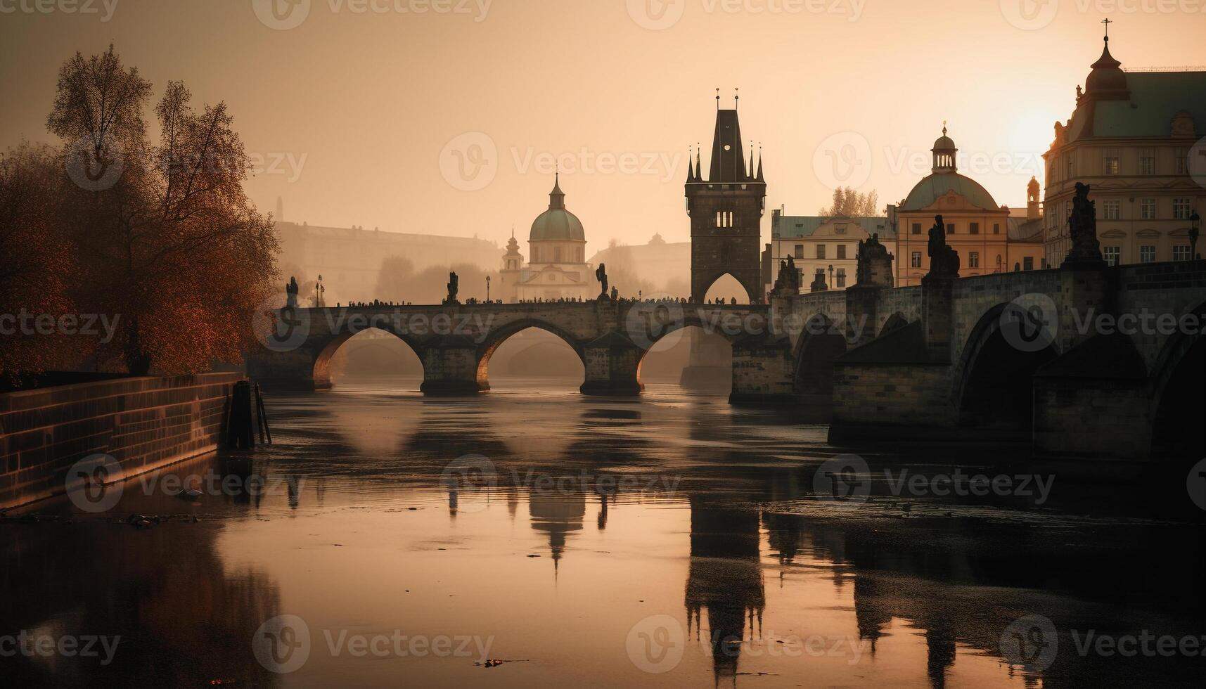 Gothic bridge reflects city skyline at sunset generated by AI photo