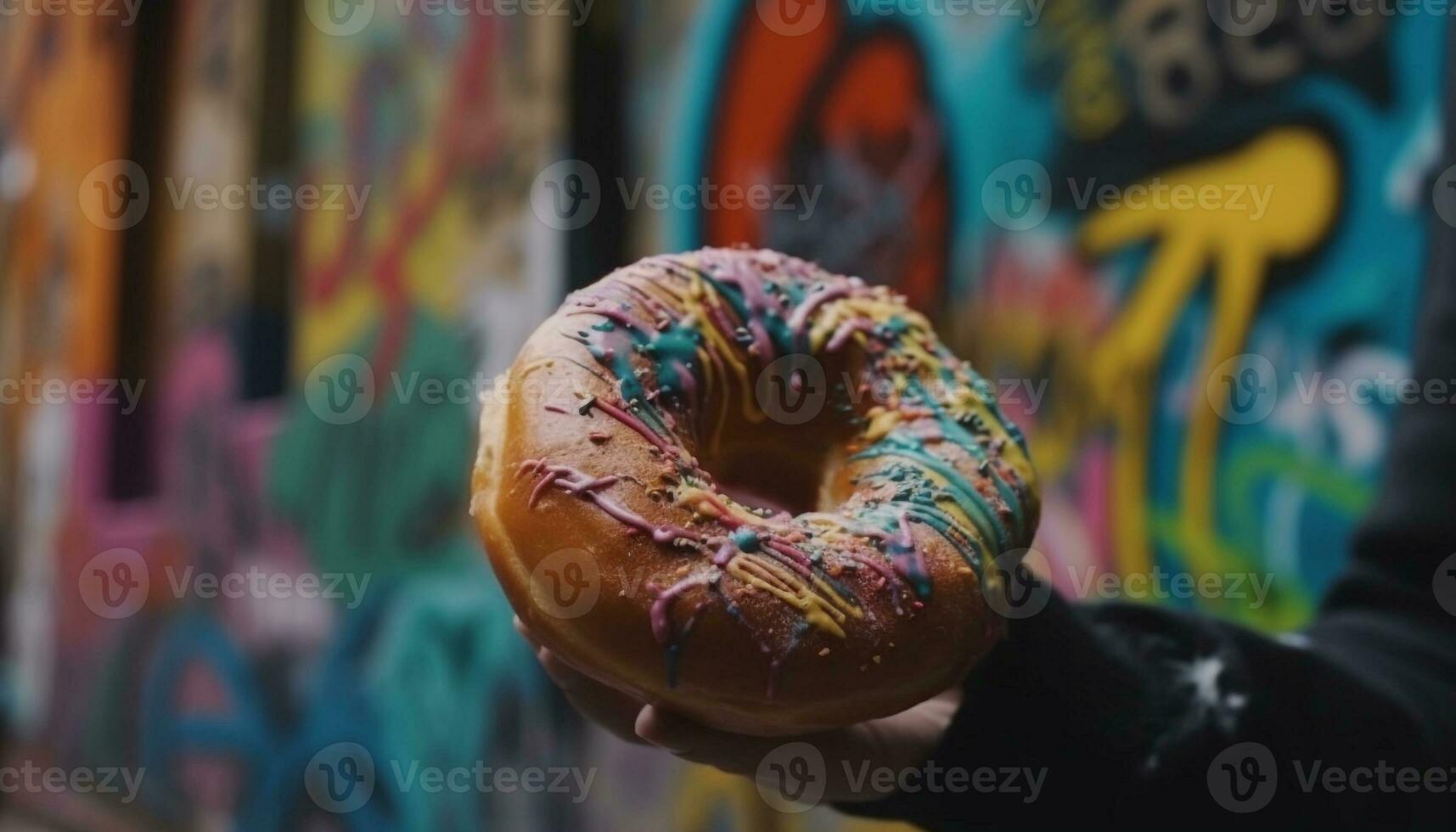 Indulgent donut with colorful icing and chocolate generated by AI photo