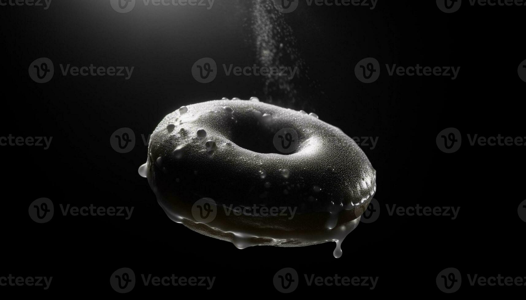 Gourmet chocolate donut levitates over dark water generated by AI photo