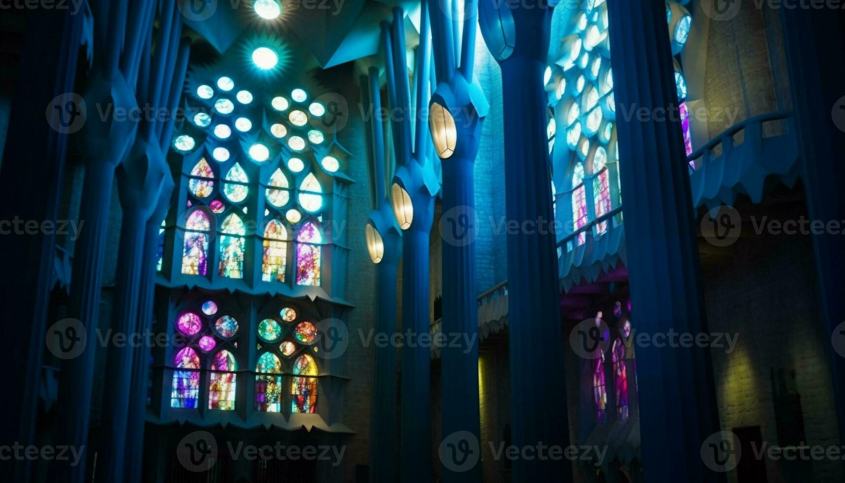 Illuminated stained glass windows illuminate the Gothic basilica generated by AI photo