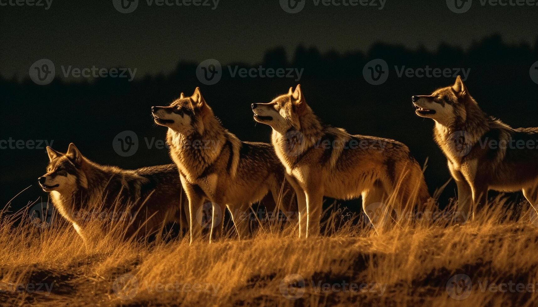 Wolf pack howling in the winter night generated by AI photo