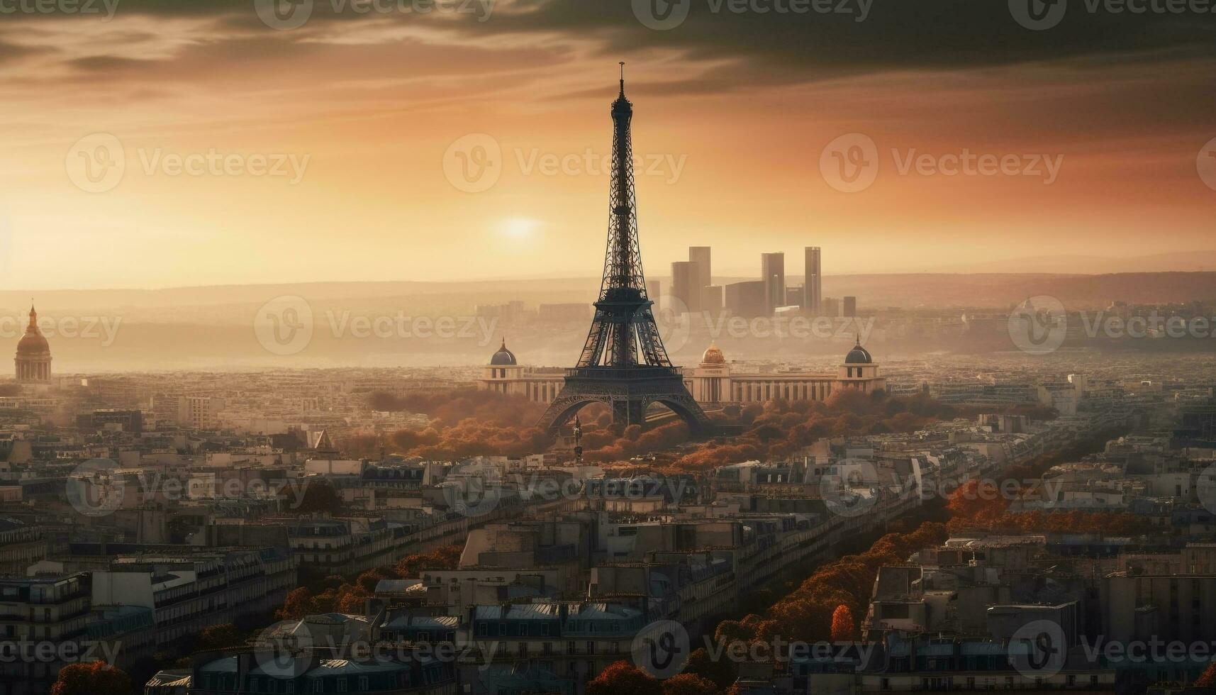 Majestic Paris skyline at dusk, illuminated romance generated by AI photo