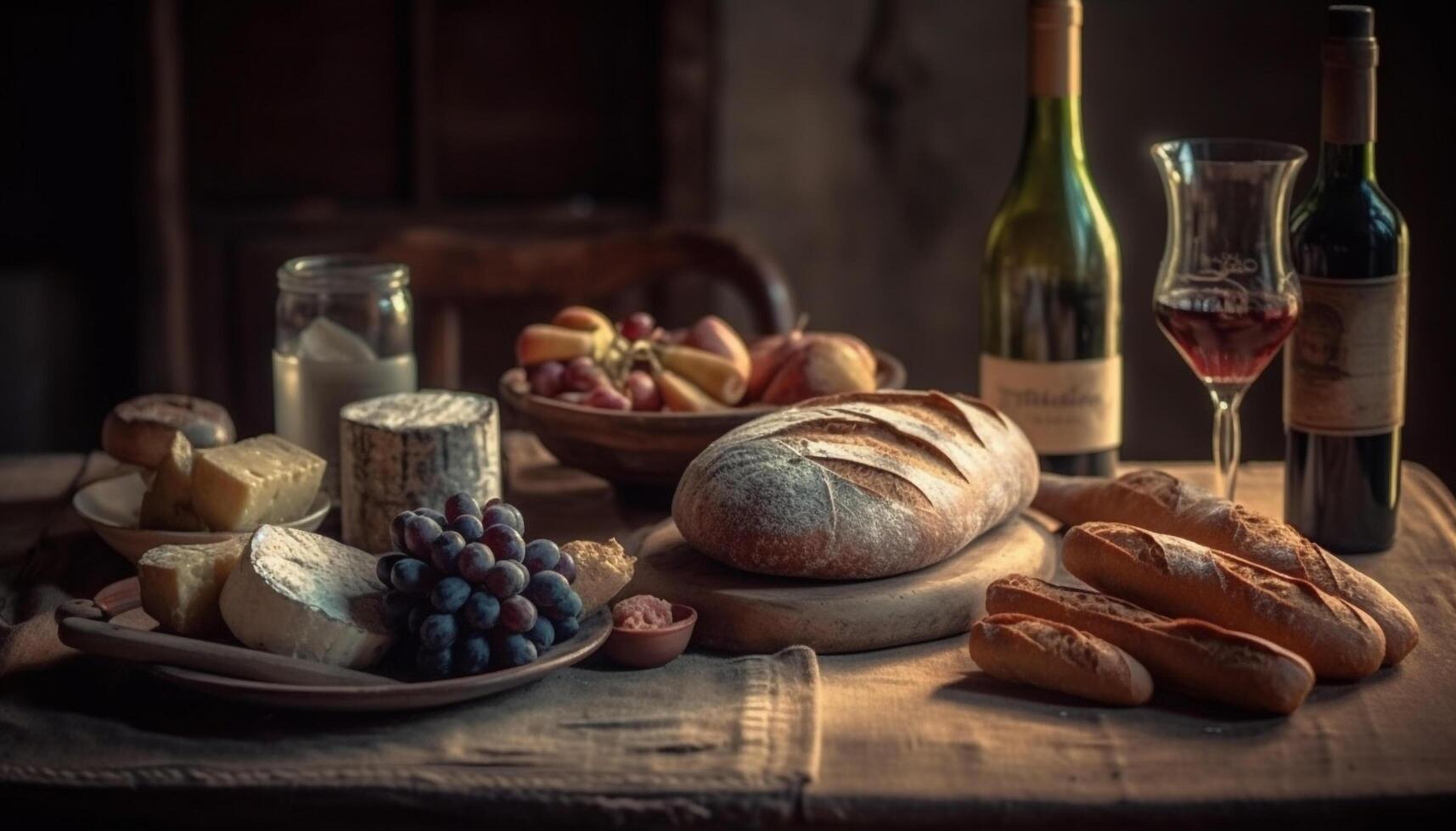 Rustic meal on wooden table with wine generated by AI photo