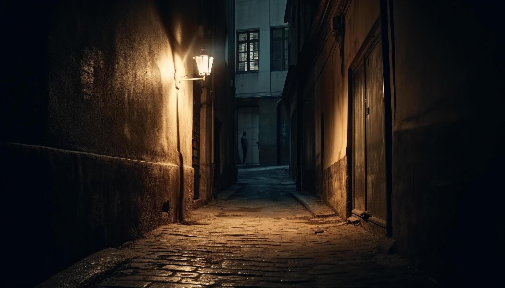Spooky lantern illuminates old, abandoned building exterior generated by AI photo