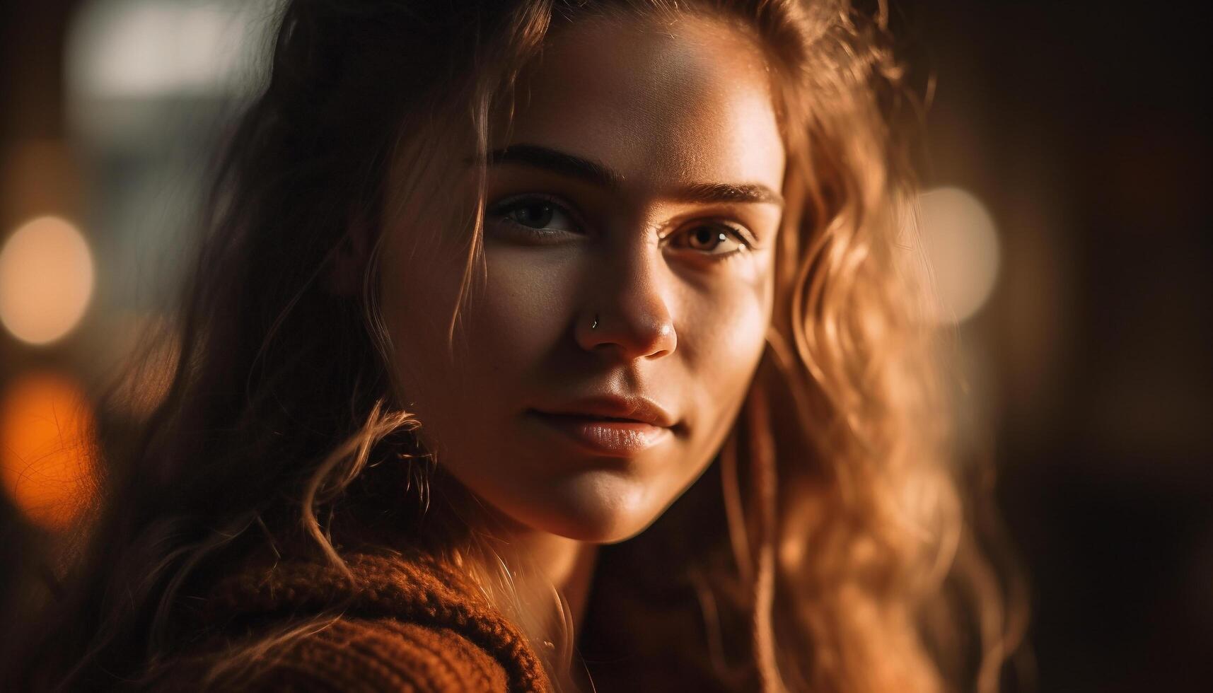 Young woman with brown hair smiles outdoors generated by AI photo