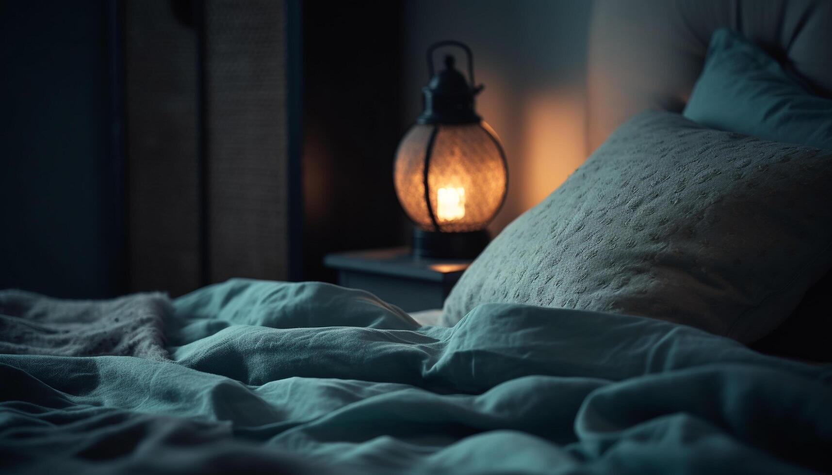 Cozy bed illuminated by electric lamp glowing light generated by AI photo