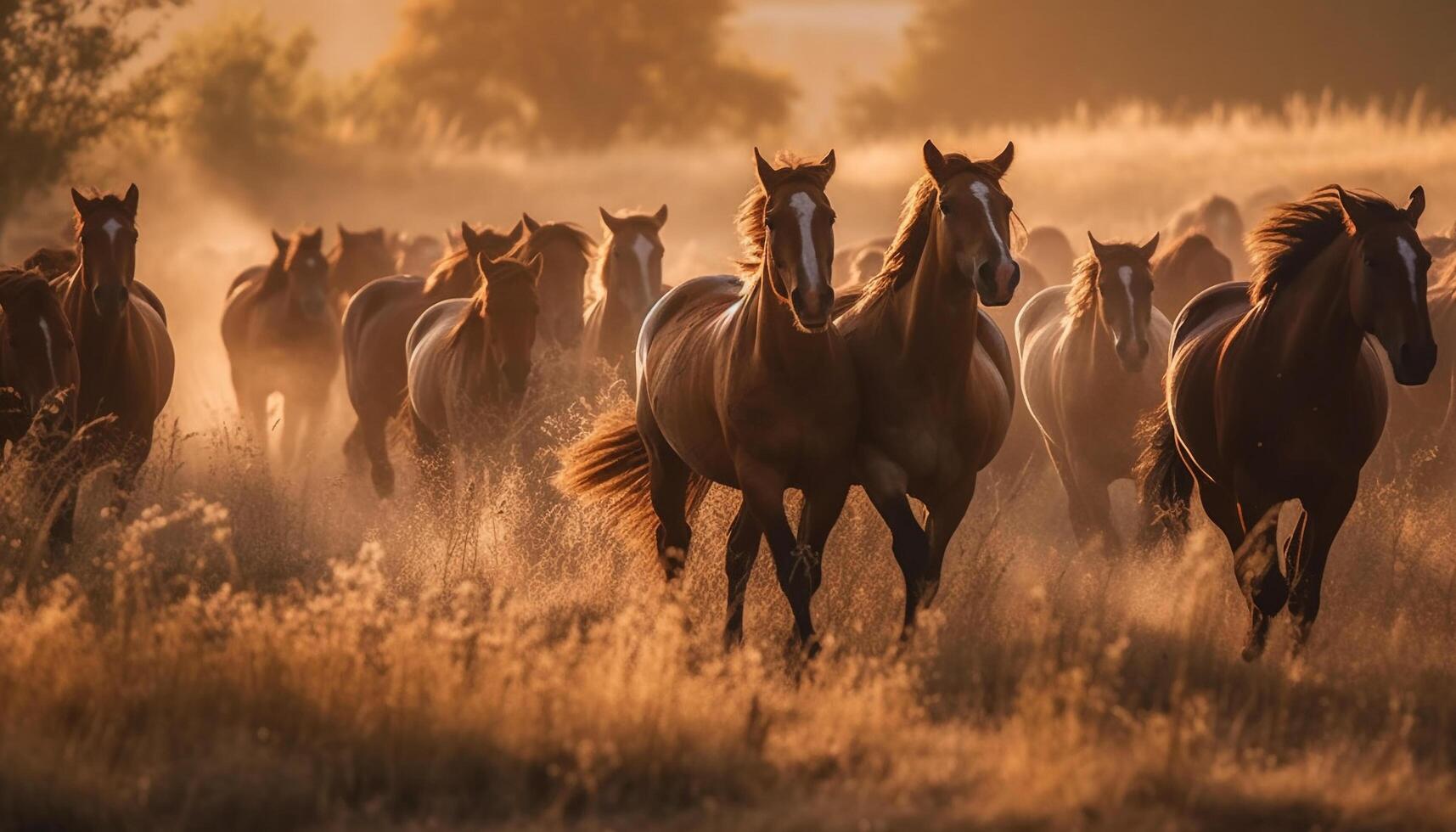 Running stallion in meadow at sunset silhouette generated by AI photo