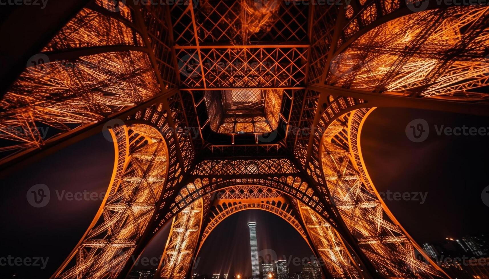 Majestic steel arch illuminates French capital at dusk generated by AI photo