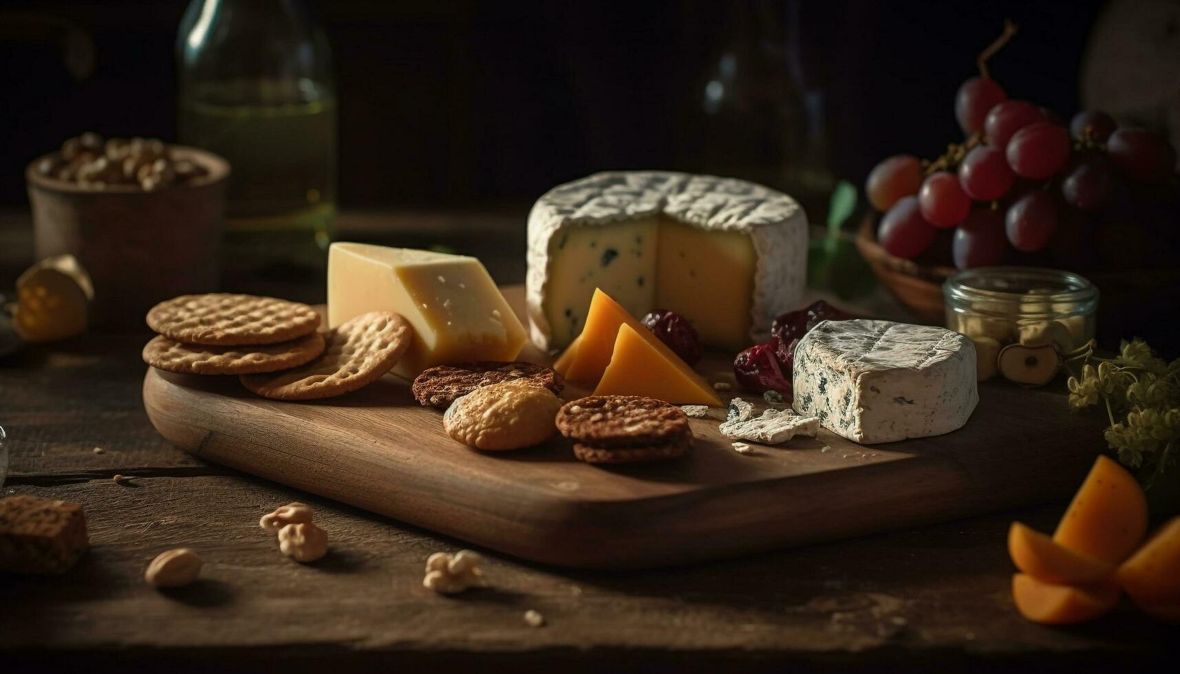 Gourmet cheese board with French and Italian delicacies generated by AI photo