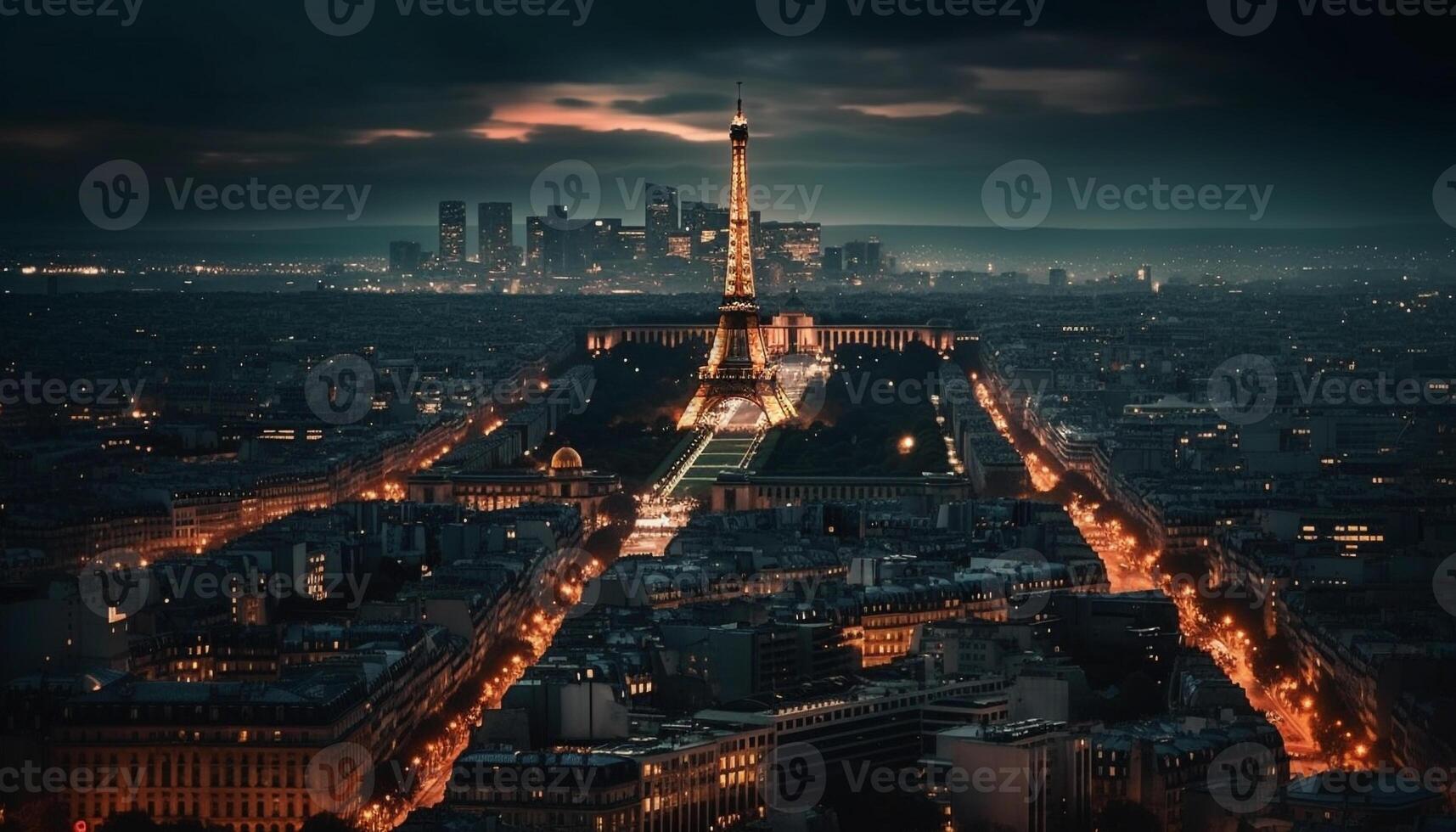 brillante ciudad horizonte a oscuridad, reflejando en agua generado por ai foto