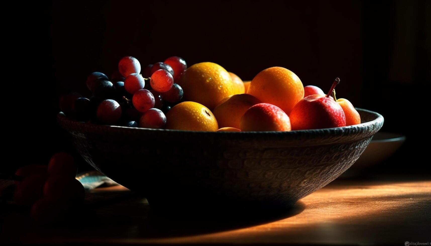 Fresco Fruta cuenco en de madera mesa, sano comiendo generado por ai foto