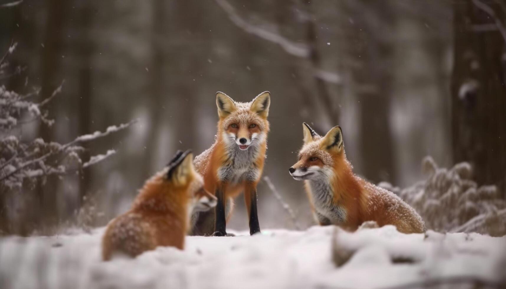 Red fox puppy watching snow in wilderness generative AI photo