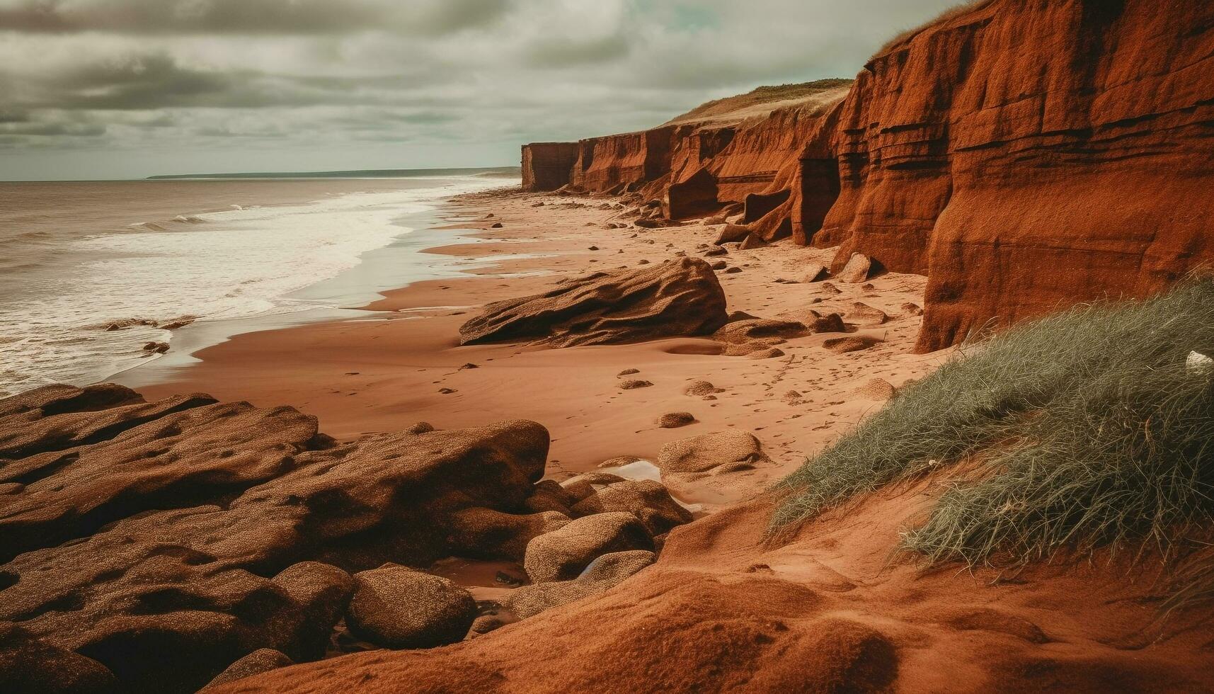 Majestic sandstone cliff, tranquil waters edge beauty generative AI photo