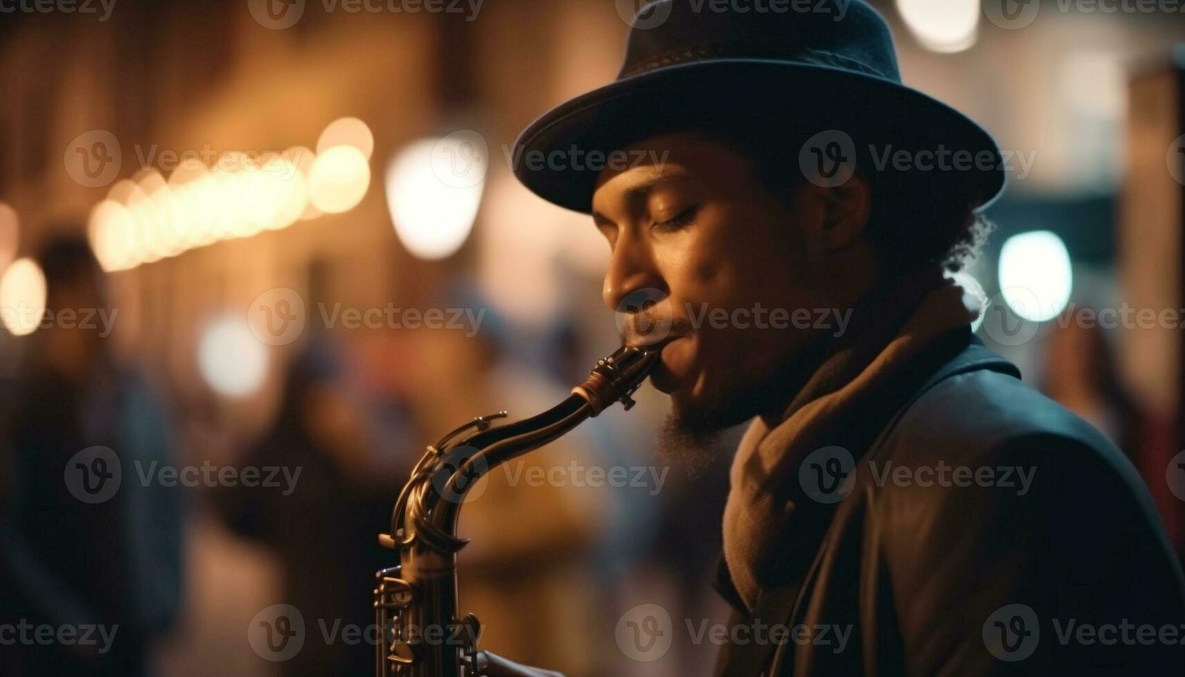 joven saxofonista soplo blues en al aire libre etapa generado por ai foto