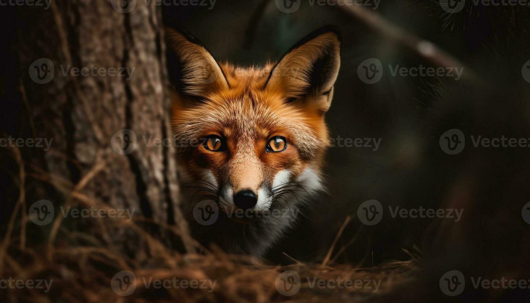 Fluffy red fox staring, alert in nature generated by AI photo