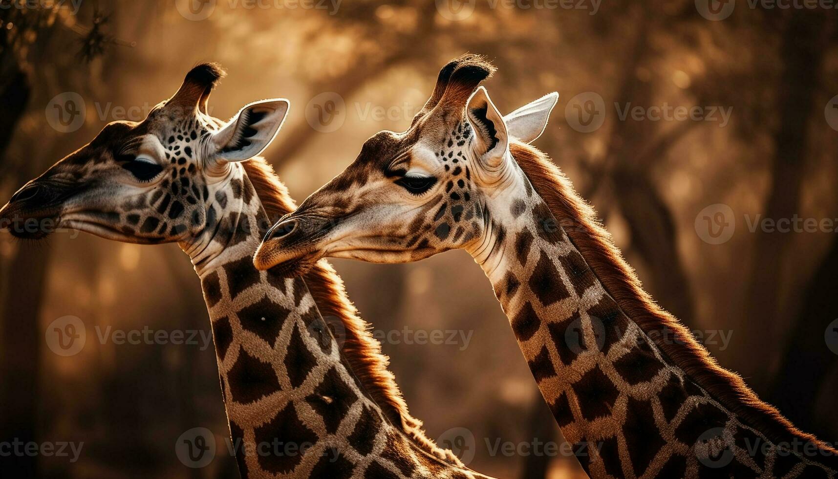 Giraffe calf kissing, standing in sunlight eating generated by AI photo