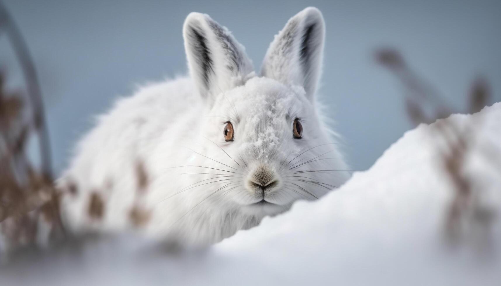 mullido liebre se sienta en nieve, mirando linda generativo ai foto