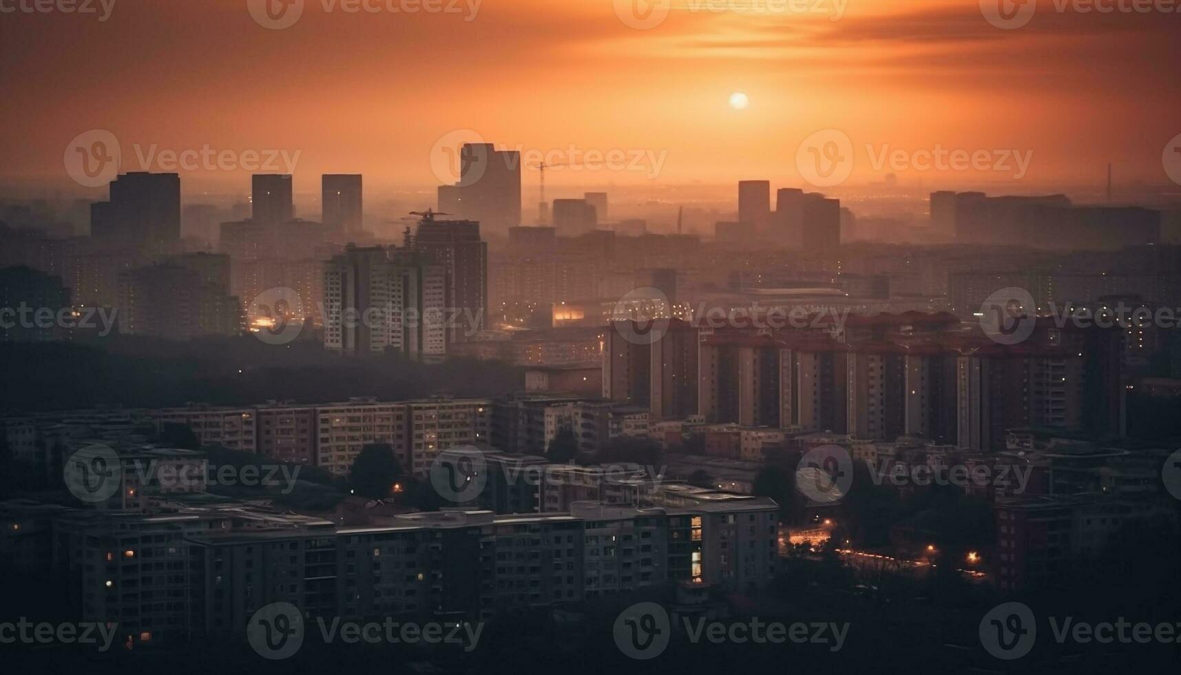 Glowing cityscape at dusk, modern architecture illuminated generated by AI photo