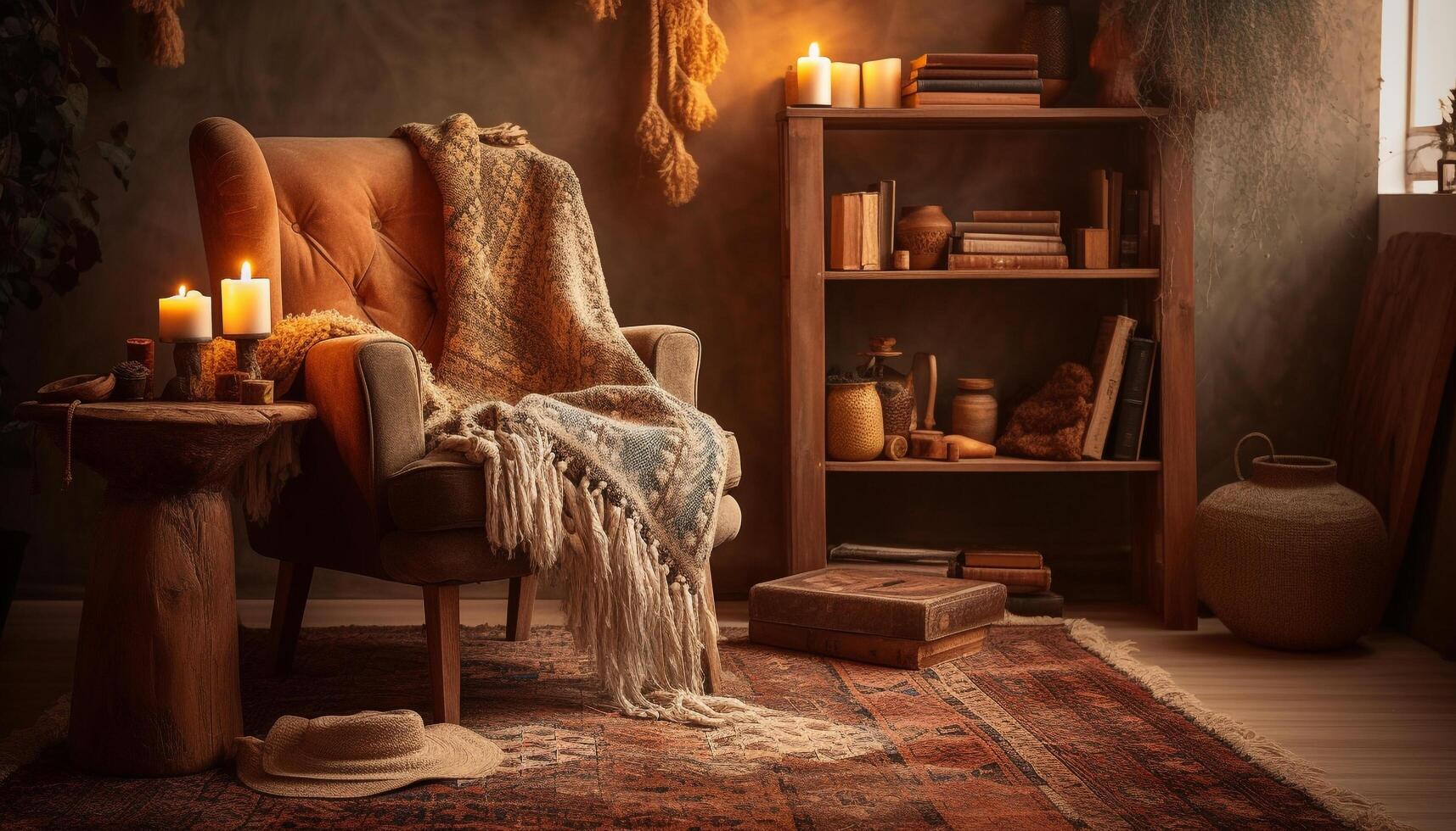 Cozy living room with rustic candlelight decor photo