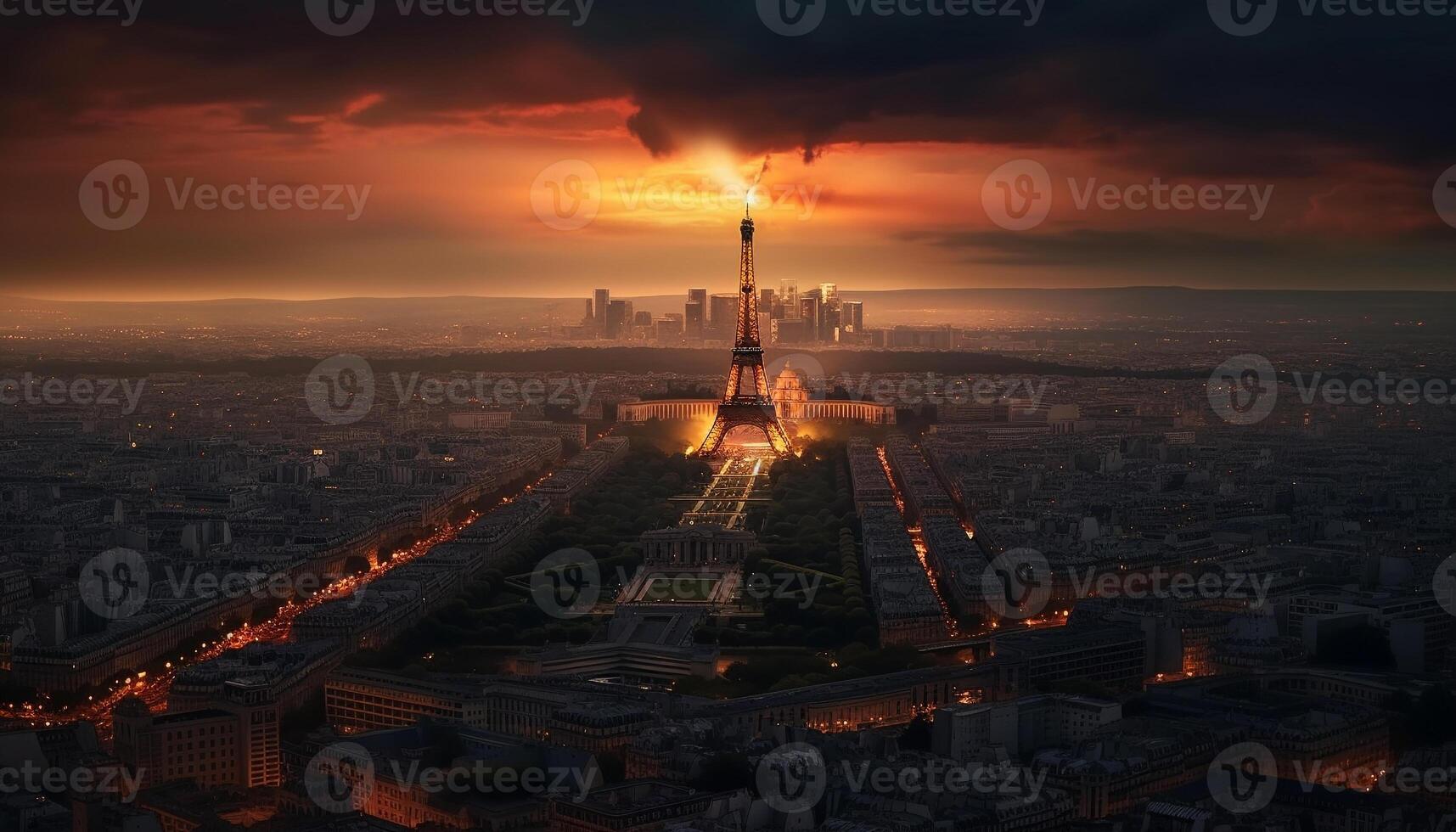 Illuminated city skyline, smokestacks pollute the dusk generated by AI photo