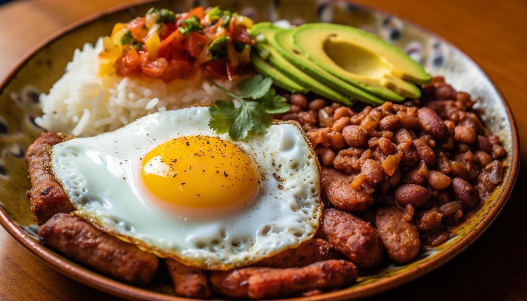 Grilled pork with fried egg and salad generative AI photo