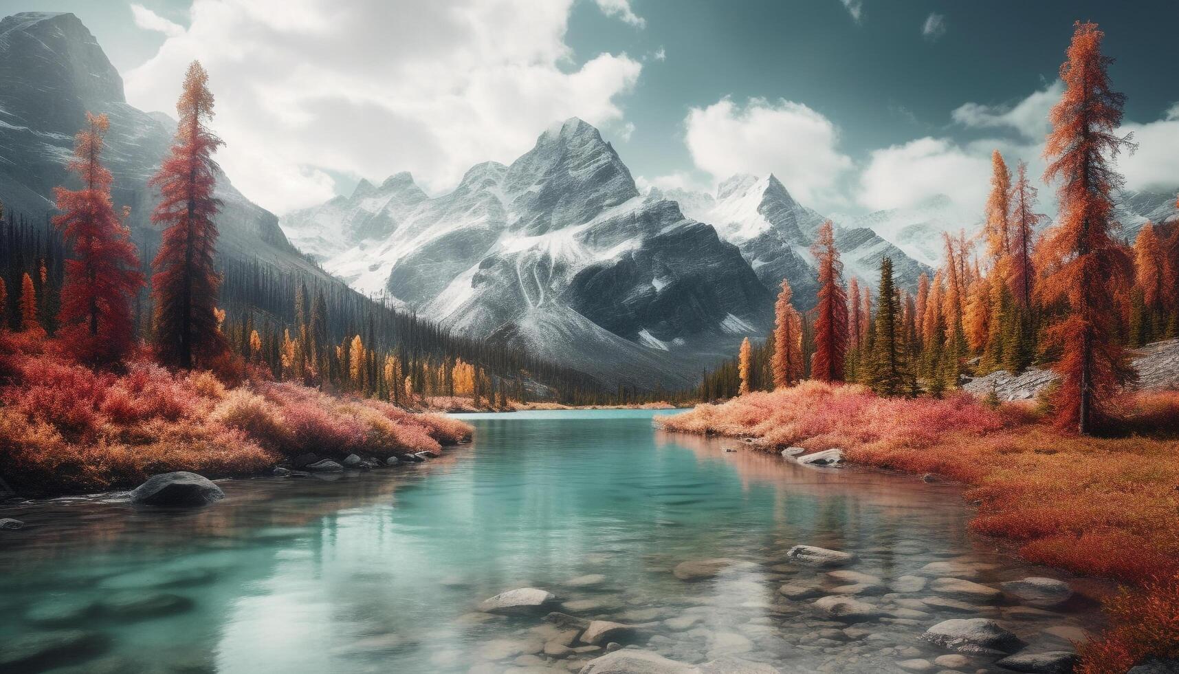 Majestic mountain range reflects tranquil autumn beauty generative AI photo