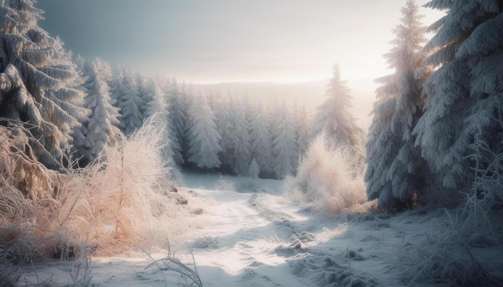 Tranquil winter landscape, snow covered pine trees photo