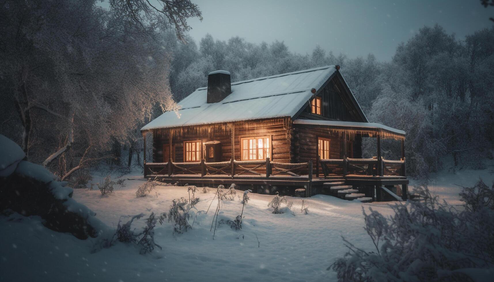 Frosty winter night, snowing on abandoned hut photo