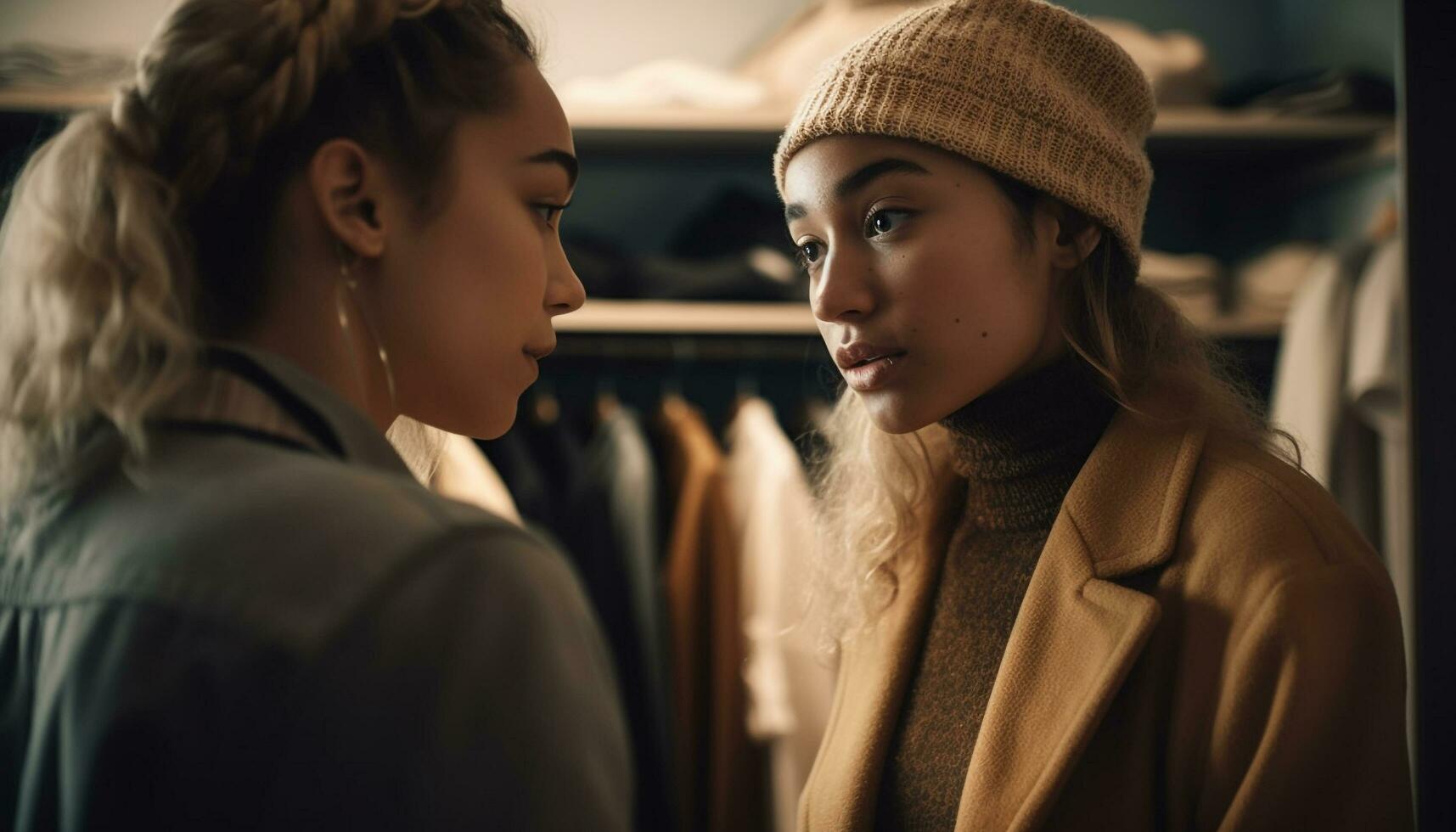 Young women shopping for fashionable winter clothing generative AI photo